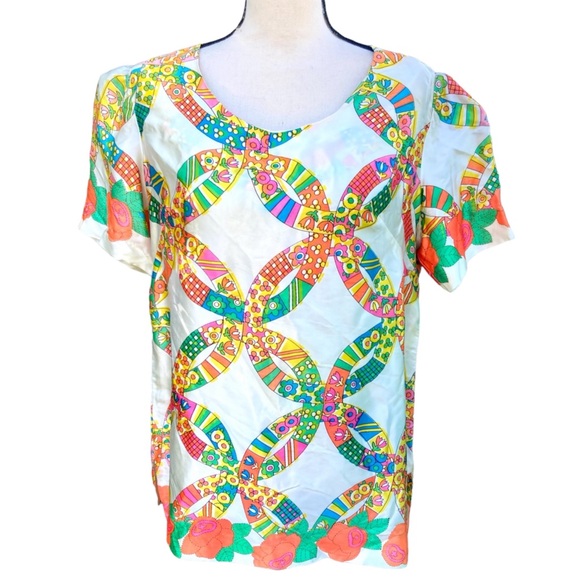 Vintage 70s Groovy Floral Satin Top Blouse Circles Bright Short Sleeve L - Picture 5 of 7